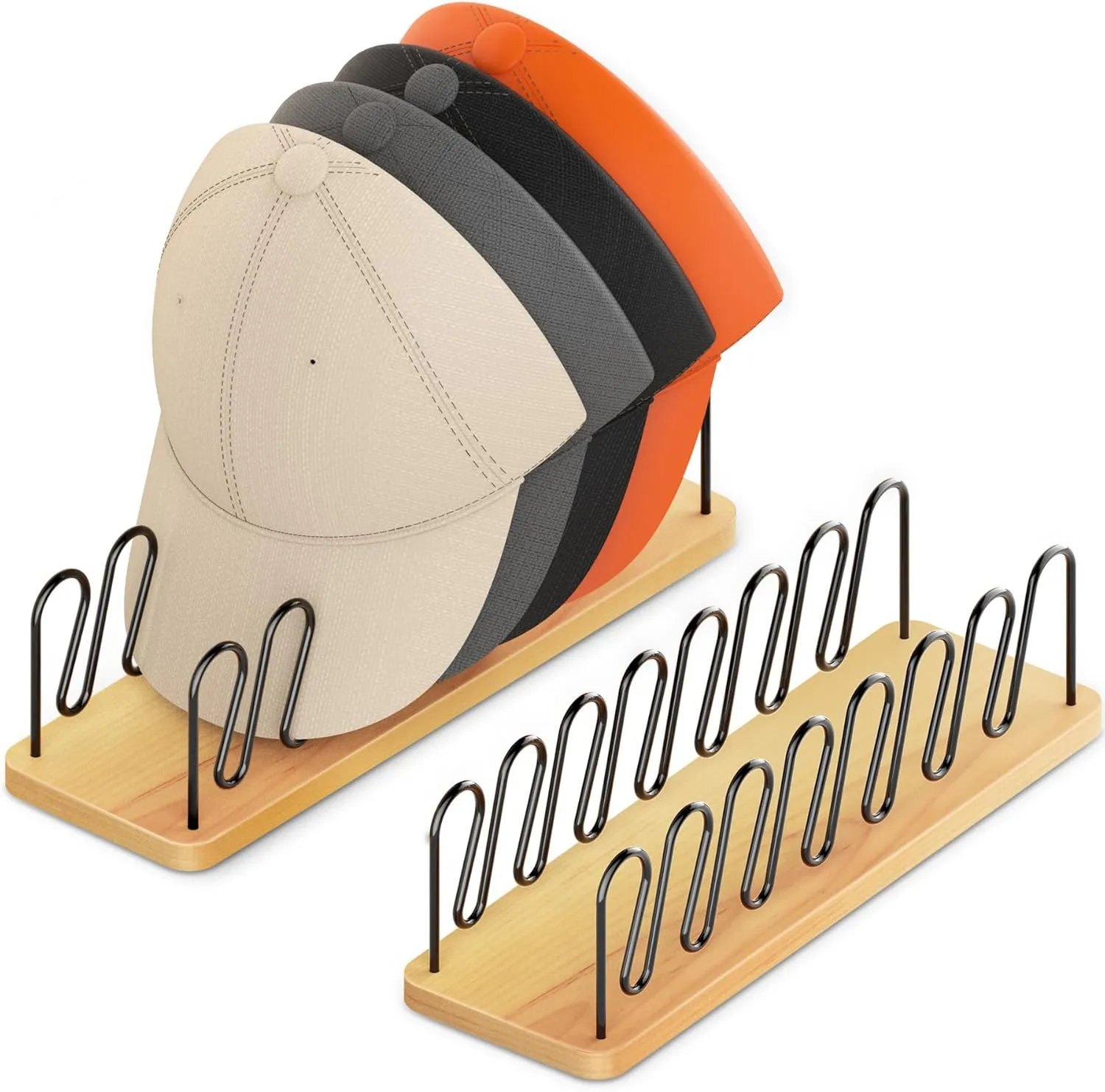 2 Pack Hat Organizer for Baseball Caps | Wood & Metal Hat Rack Holds 14 Caps | Space-Saving Closet Shelf Organizer for Bedroom, Dresser, Entryway
