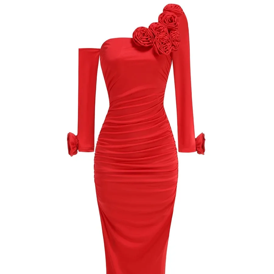 3D Flower Long Sleeved Red Dress