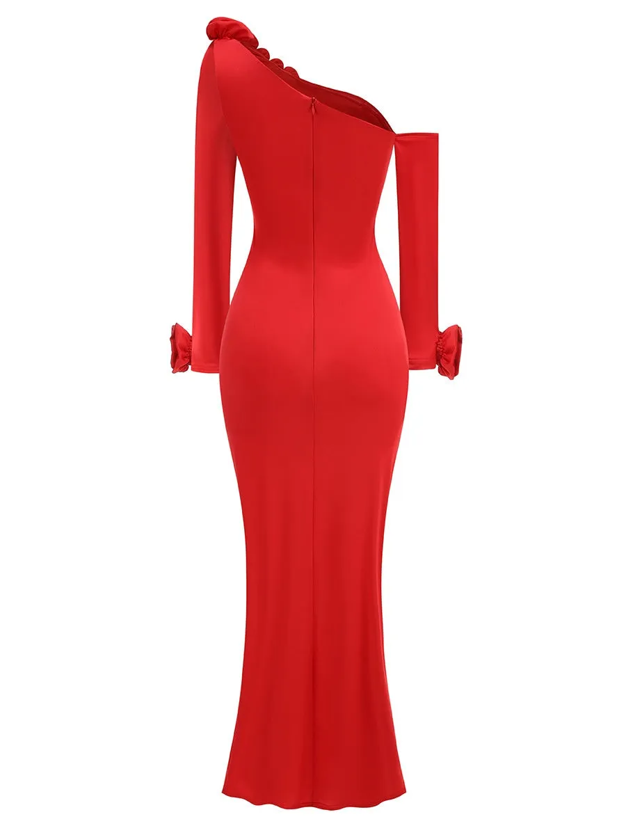 3D Flower Long Sleeved Red Dress
