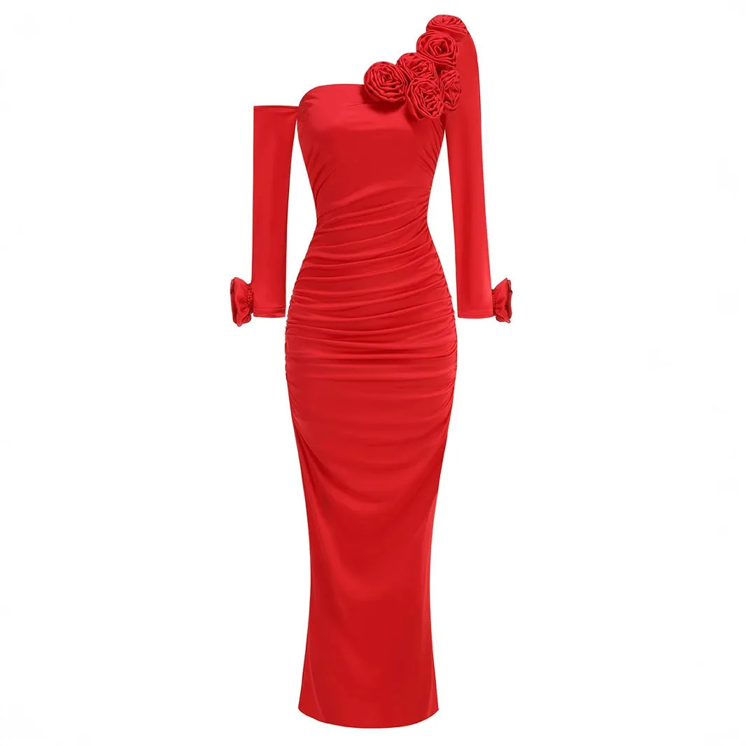 3D Flower Long Sleeved Red Dress