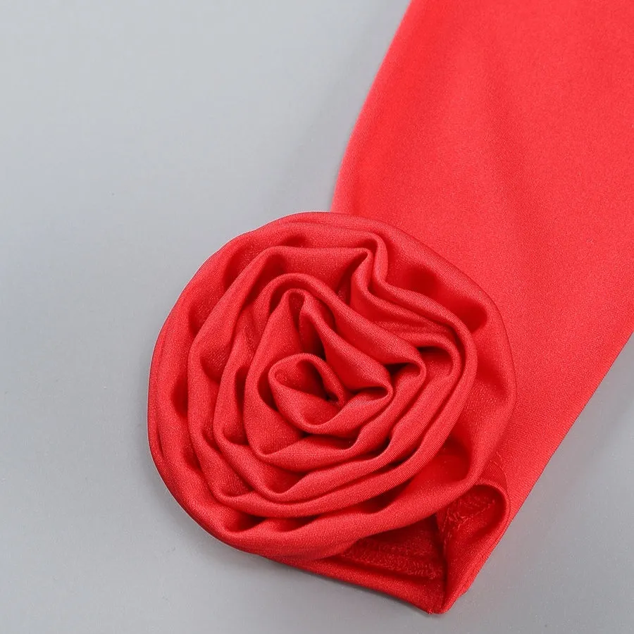 3D Flower Long Sleeved Red Dress