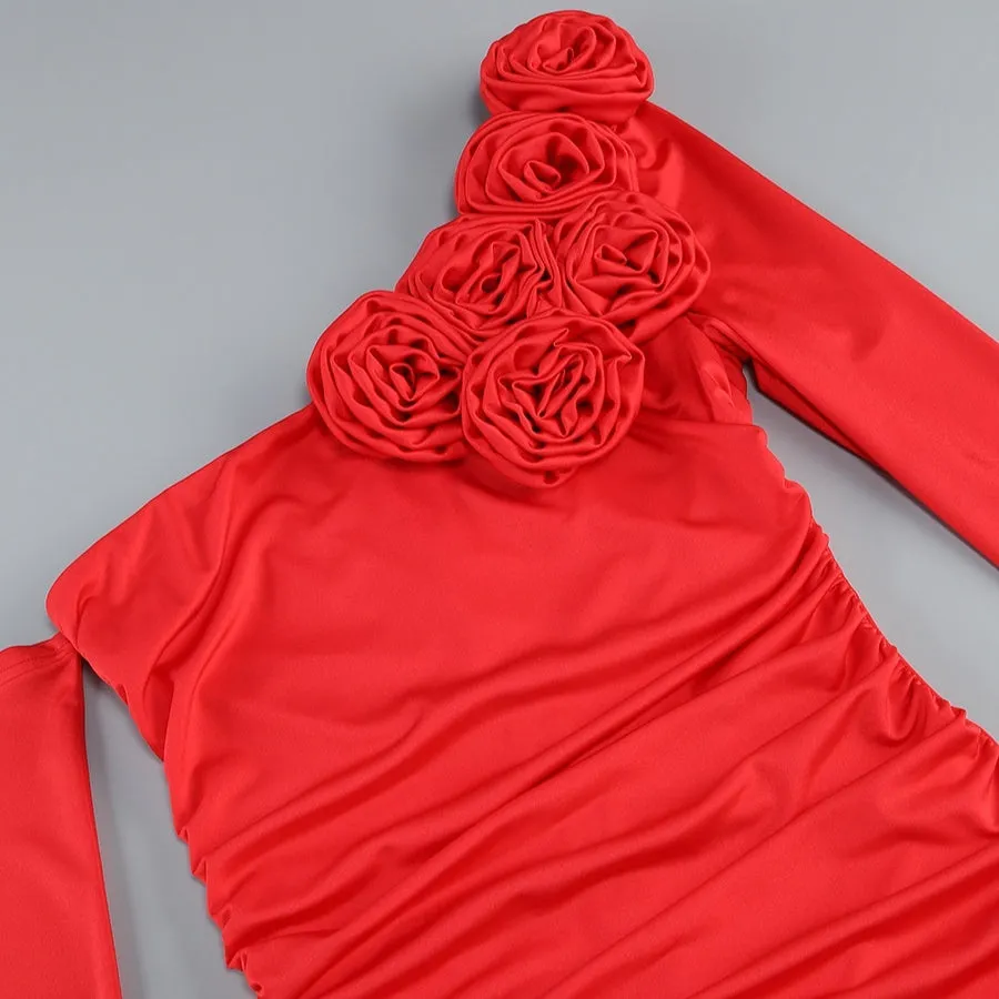 3D Flower Long Sleeved Red Dress