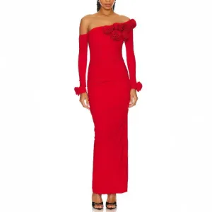 3D Flower Long Sleeved Red Dress