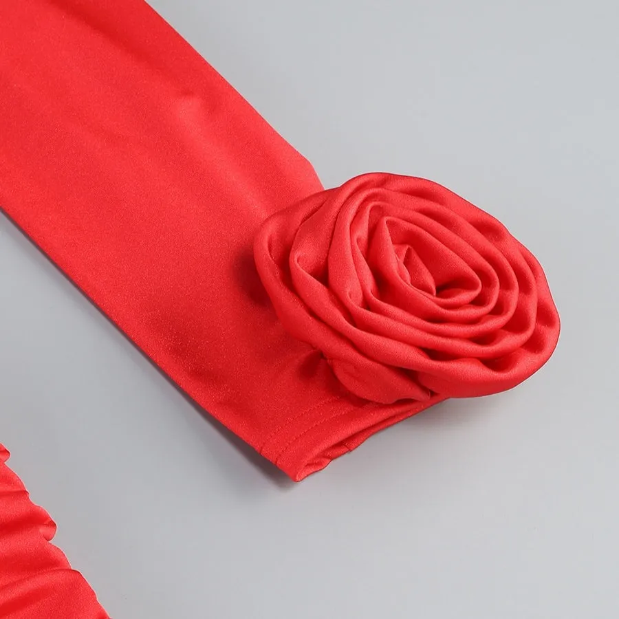 3D Flower Long Sleeved Red Dress