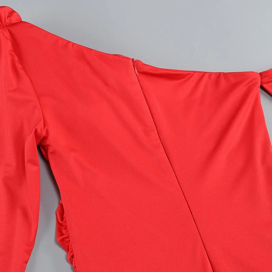 3D Flower Long Sleeved Red Dress