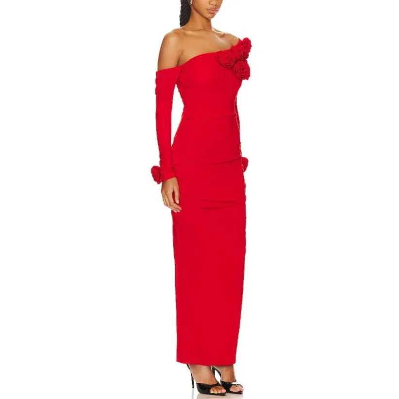 3D Flower Long Sleeved Red Dress