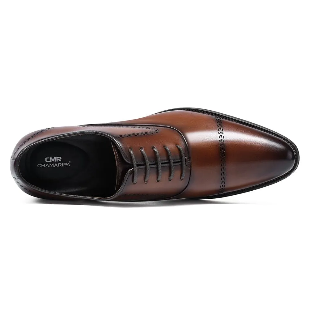 8 CM / 3.15 Inches CMR CHAMARIPA Brown Leather Height Increasing Shoes for Men - Elevator Heels Oxford Shoes