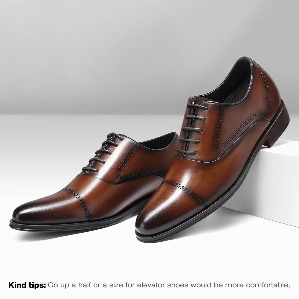 8 CM / 3.15 Inches CMR CHAMARIPA Brown Leather Height Increasing Shoes for Men - Elevator Heels Oxford Shoes