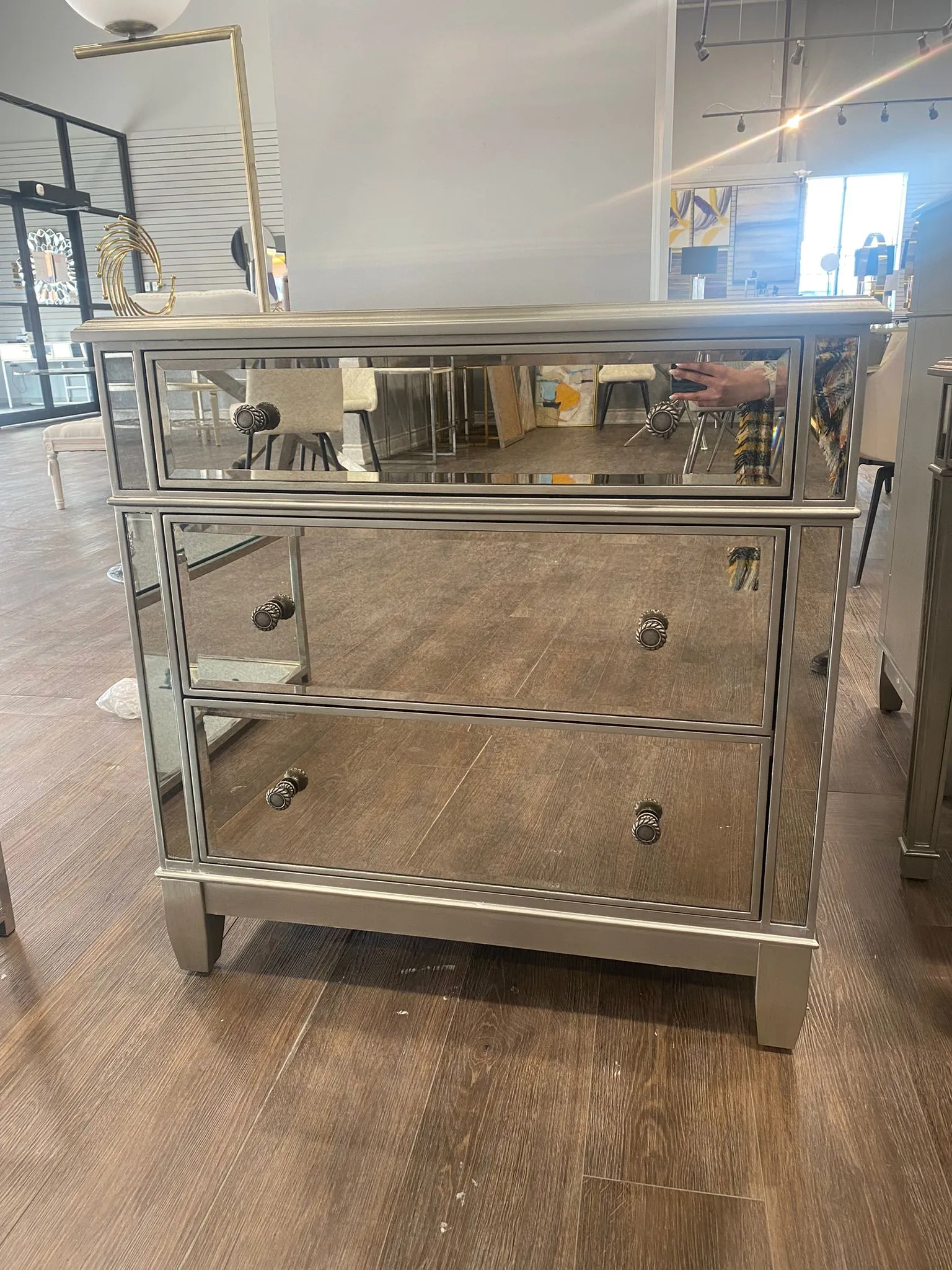 Antique Silver Mirrored Oversized 3 Drawer Night Stand/Chest- Model Danielle