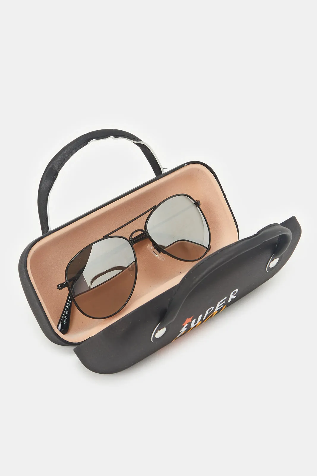 Boys Black Aviator Sunglasses With Printed Case