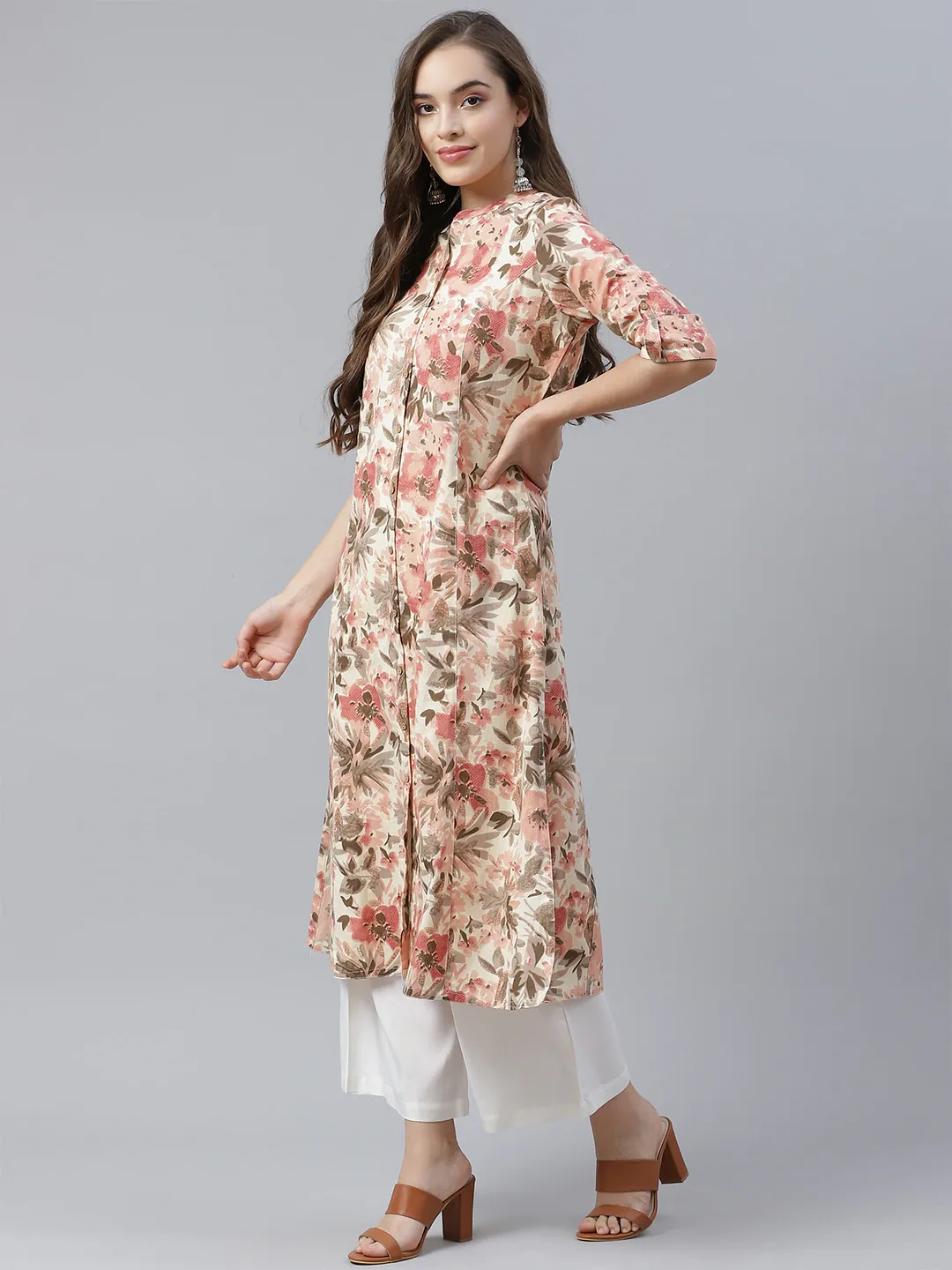 Cream Cotton Floral Print Kurta
