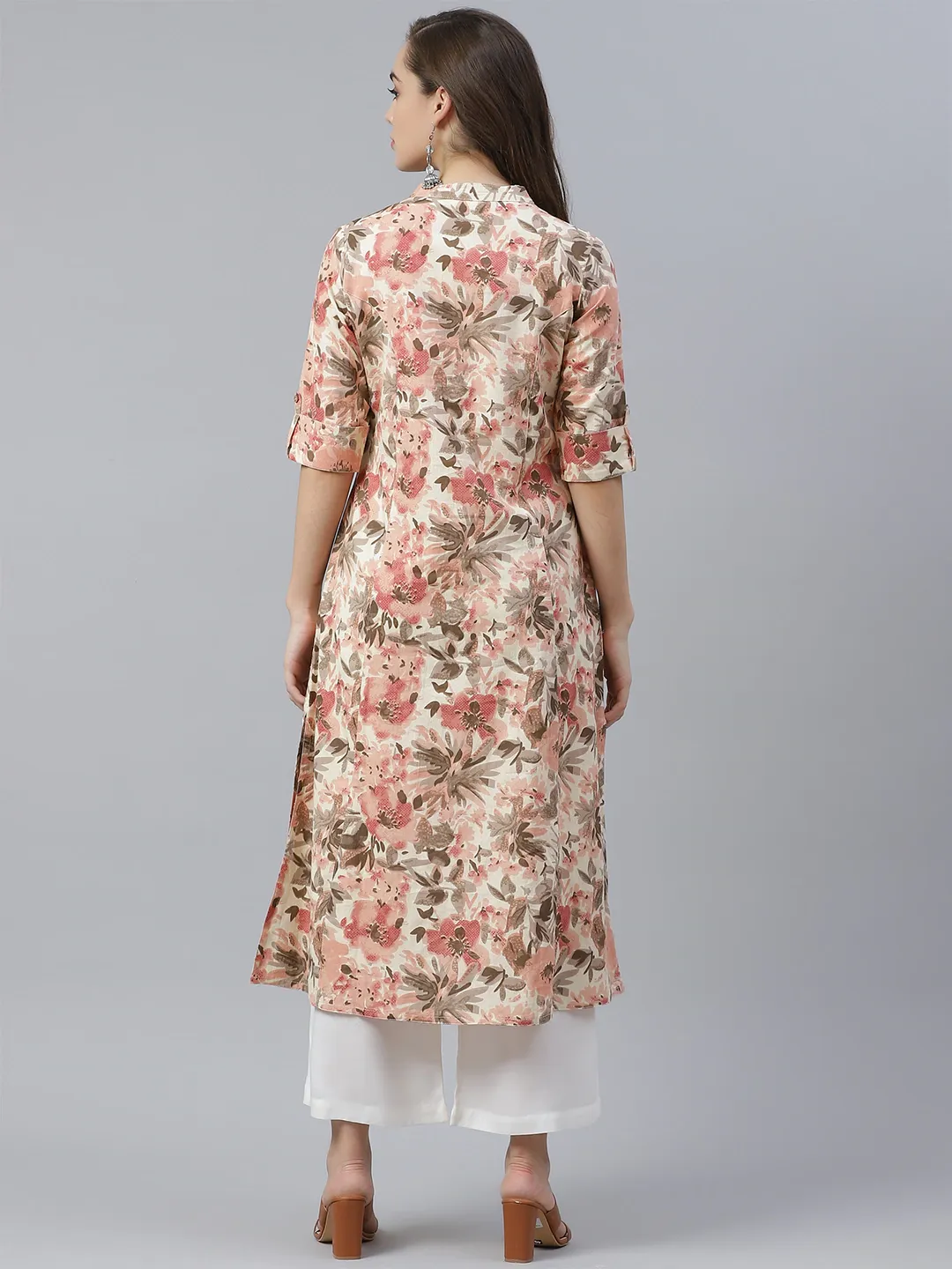 Cream Cotton Floral Print Kurta