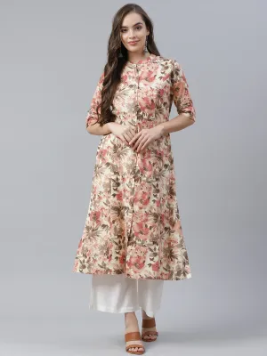 Cream Cotton Floral Print Kurta