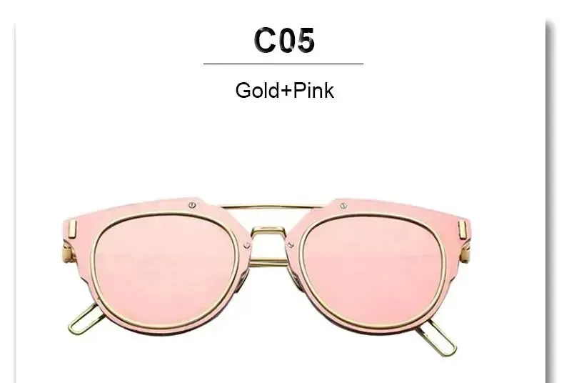 Flat Lens Sunglasses Metal Frame Women Men Mirror Cat Eye Brand