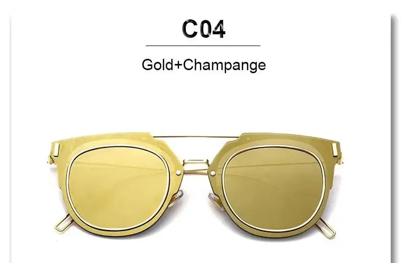 Flat Lens Sunglasses Metal Frame Women Men Mirror Cat Eye Brand