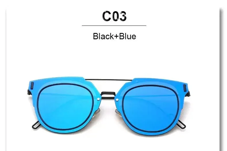 Flat Lens Sunglasses Metal Frame Women Men Mirror Cat Eye Brand