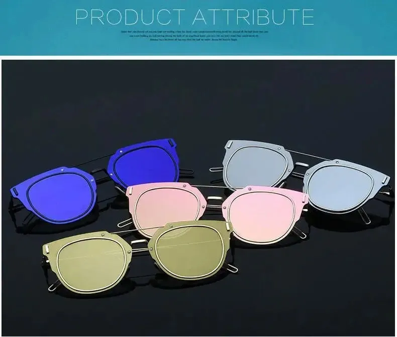 Flat Lens Sunglasses Metal Frame Women Men Mirror Cat Eye Brand