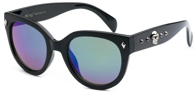 Gothic Skull Logo Round Cat Eye Sunglasses for Women
