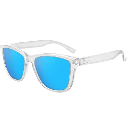 MEETSUN Polarized Sunglasses for Women Men Classic Retro Designer Style (Clear Frame / BLue Mirrored Lens, 54)