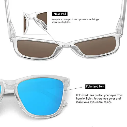 MEETSUN Polarized Sunglasses for Women Men Classic Retro Designer Style (Clear Frame / BLue Mirrored Lens, 54)
