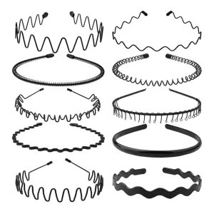 Metal Headbands, With Teeth Hairband for Men, Womens Headbands, Unisex Black Wavy Spring Outdoor Sports, Simple Elastic Non-Slip Headwear.(10 Pcs)
