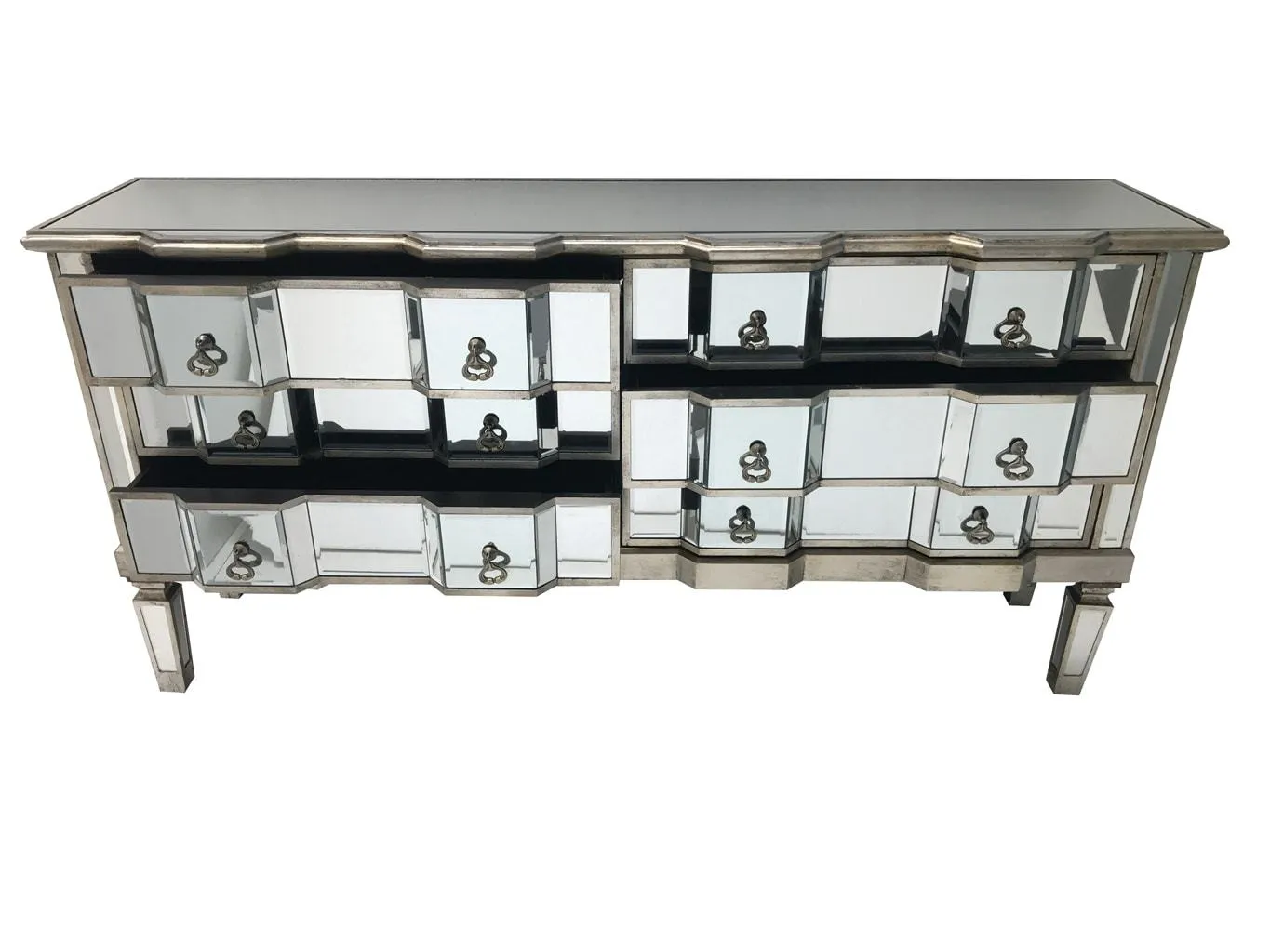 Mirrored Long Chest of 6 Drawers » Silver