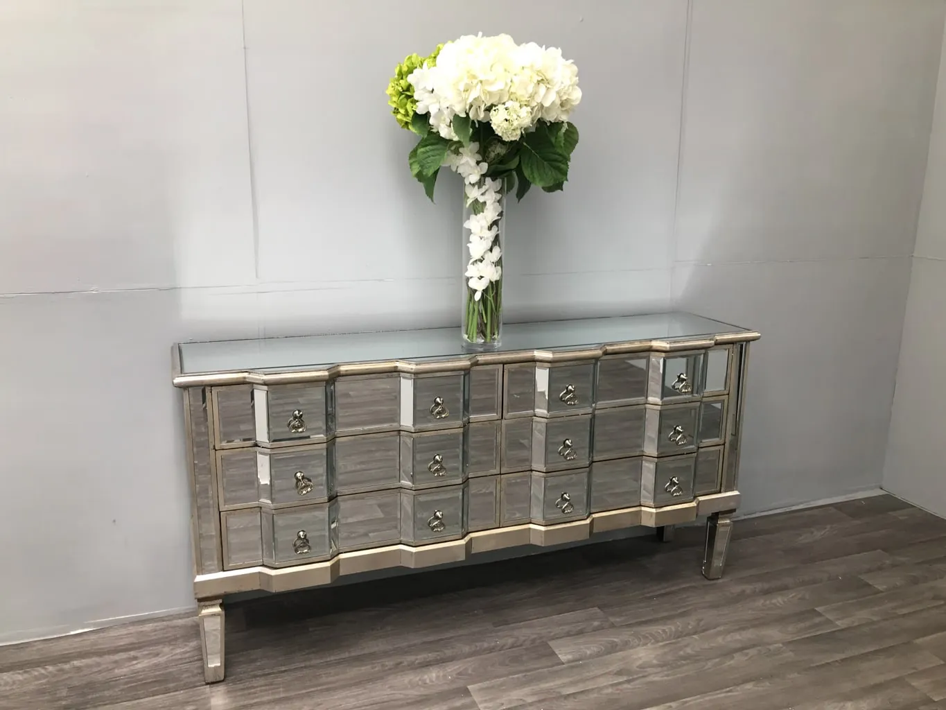 Mirrored Long Chest of 6 Drawers » Silver
