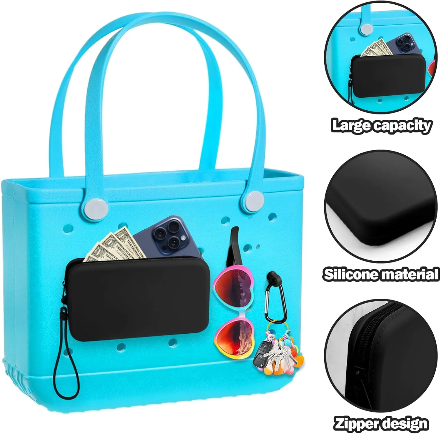 Mity rain Silicone Wallet for Bogg Bag Phone Holder, Accessories Set for Bogg Bags Contain 2PCS Key Holder and a Large Capacity Silicone Zipper Bag for Beach Tote Bag (Black)