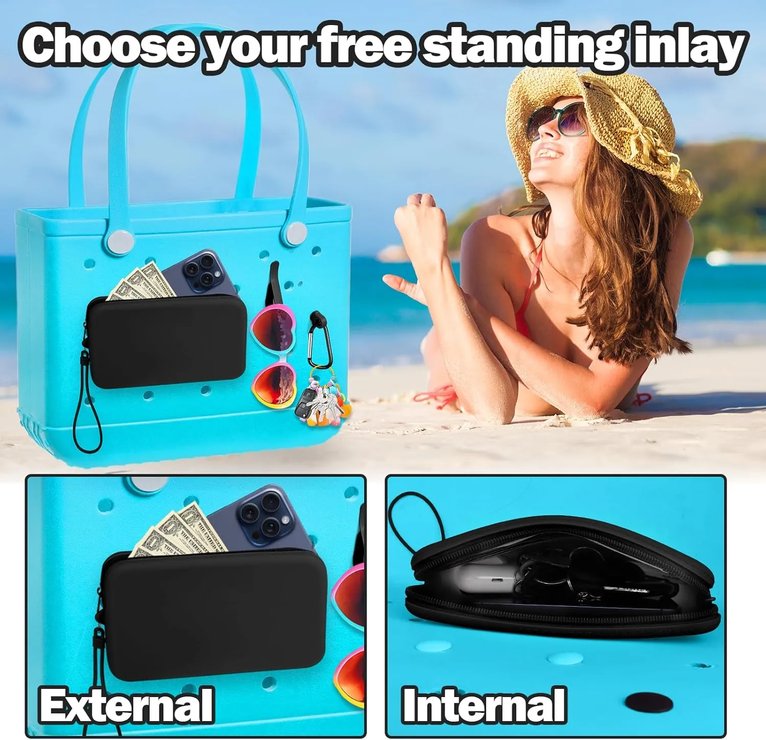 Mity rain Silicone Wallet for Bogg Bag Phone Holder, Accessories Set for Bogg Bags Contain 2PCS Key Holder and a Large Capacity Silicone Zipper Bag for Beach Tote Bag (Black)