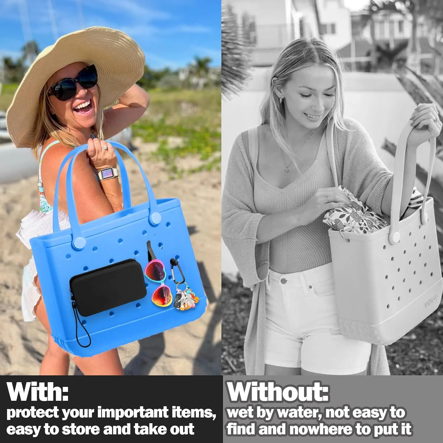 Mity rain Silicone Wallet for Bogg Bag Phone Holder, Accessories Set for Bogg Bags Contain 2PCS Key Holder and a Large Capacity Silicone Zipper Bag for Beach Tote Bag (Black)