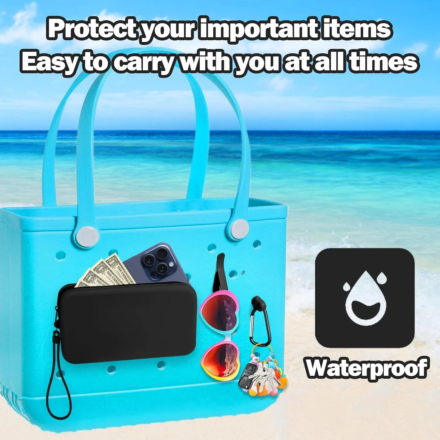 Mity rain Silicone Wallet for Bogg Bag Phone Holder, Accessories Set for Bogg Bags Contain 2PCS Key Holder and a Large Capacity Silicone Zipper Bag for Beach Tote Bag (Black)