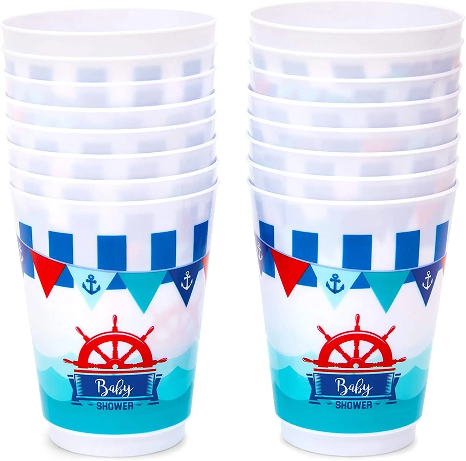 Nautical Plastic Cups for Baby Shower (16 Oz, 16 Pack)