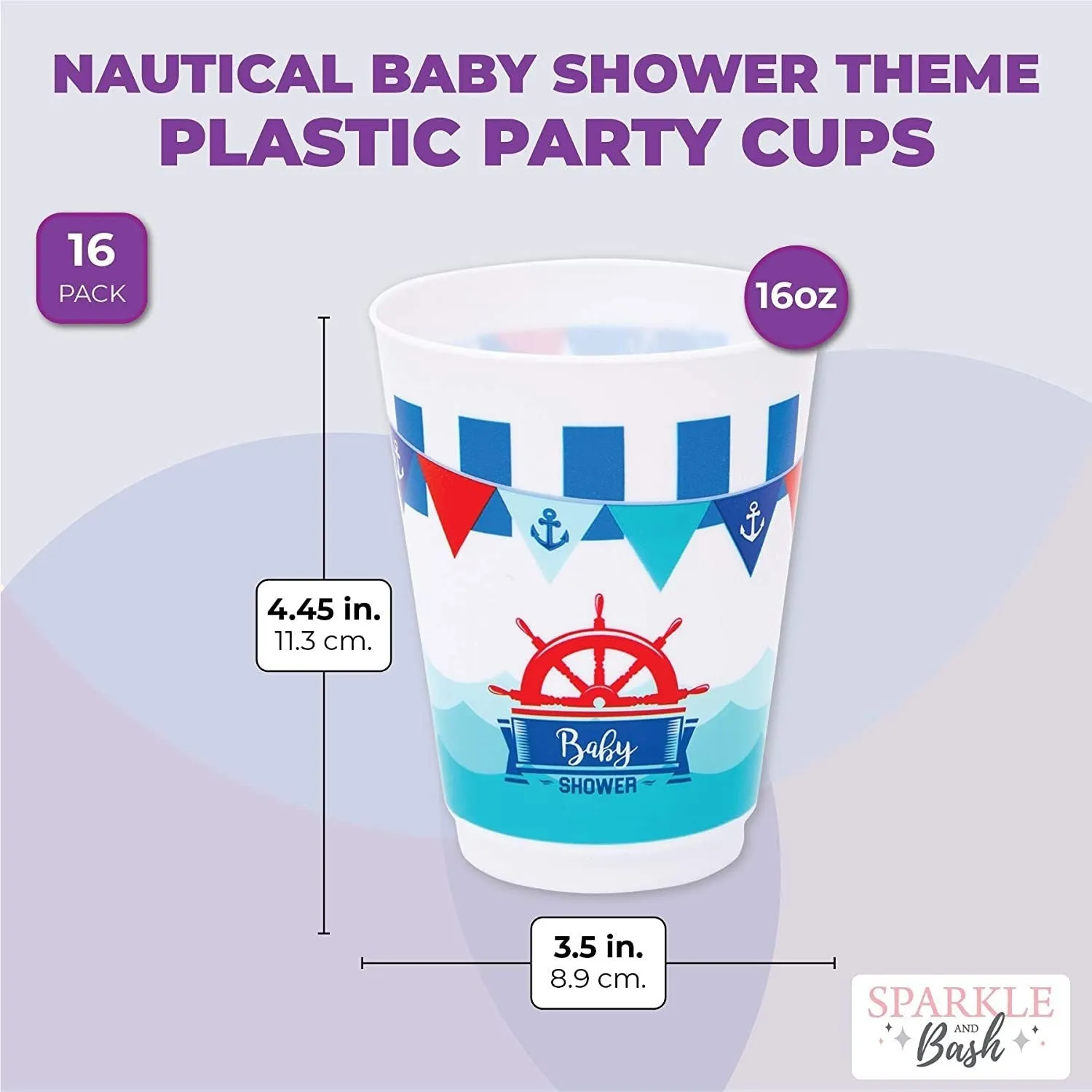 Nautical Plastic Cups for Baby Shower (16 Oz, 16 Pack)