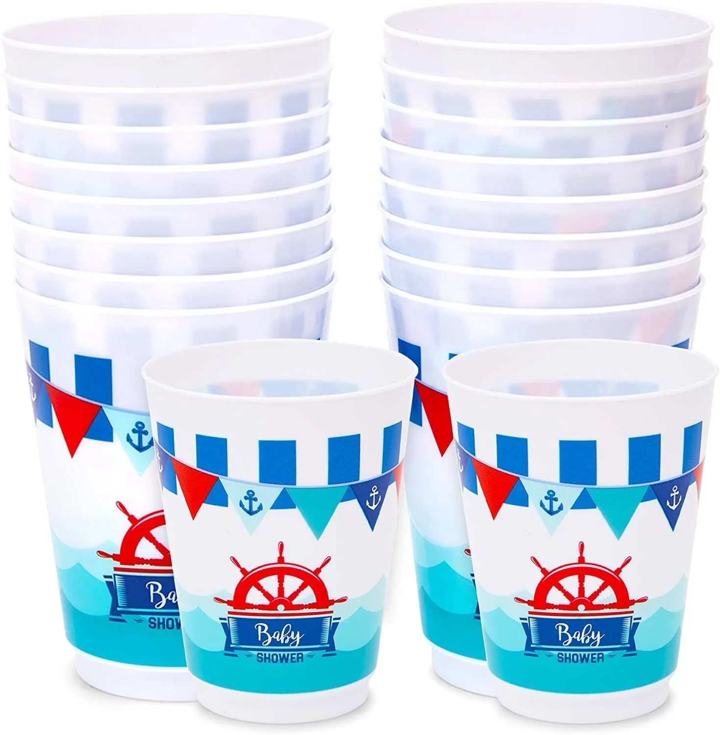 Nautical Plastic Cups for Baby Shower (16 Oz, 16 Pack)