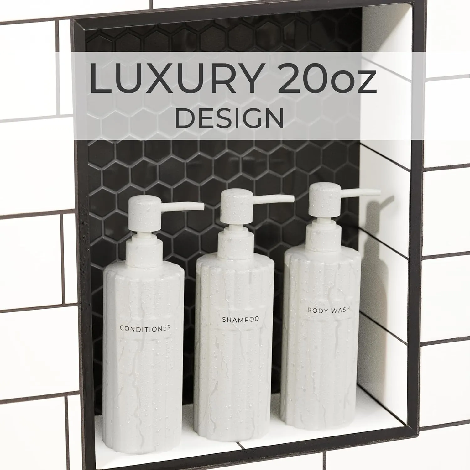 Stylish Shampoo and Conditioner Dispenser Set of 3 - Modern 19oz Shower Soap Bottles with Pump and Labels - Easy to Refill Body Wash Dispensers for an Instant Bathroom Decor Upgrade
