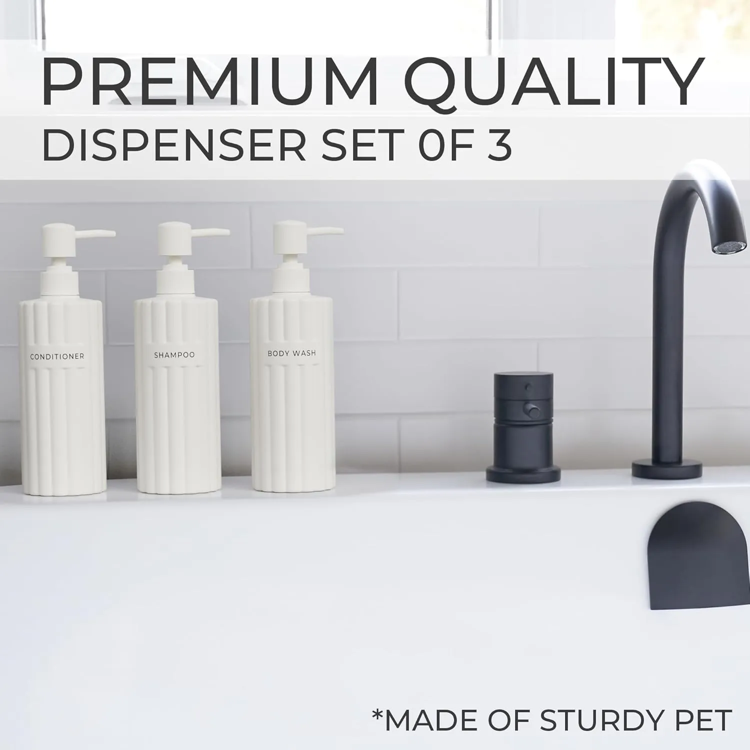 Stylish Shampoo and Conditioner Dispenser Set of 3 - Modern 19oz Shower Soap Bottles with Pump and Labels - Easy to Refill Body Wash Dispensers for an Instant Bathroom Decor Upgrade