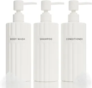 Stylish Shampoo and Conditioner Dispenser Set of 3 - Modern 19oz Shower Soap Bottles with Pump and Labels - Easy to Refill Body Wash Dispensers for an Instant Bathroom Decor Upgrade