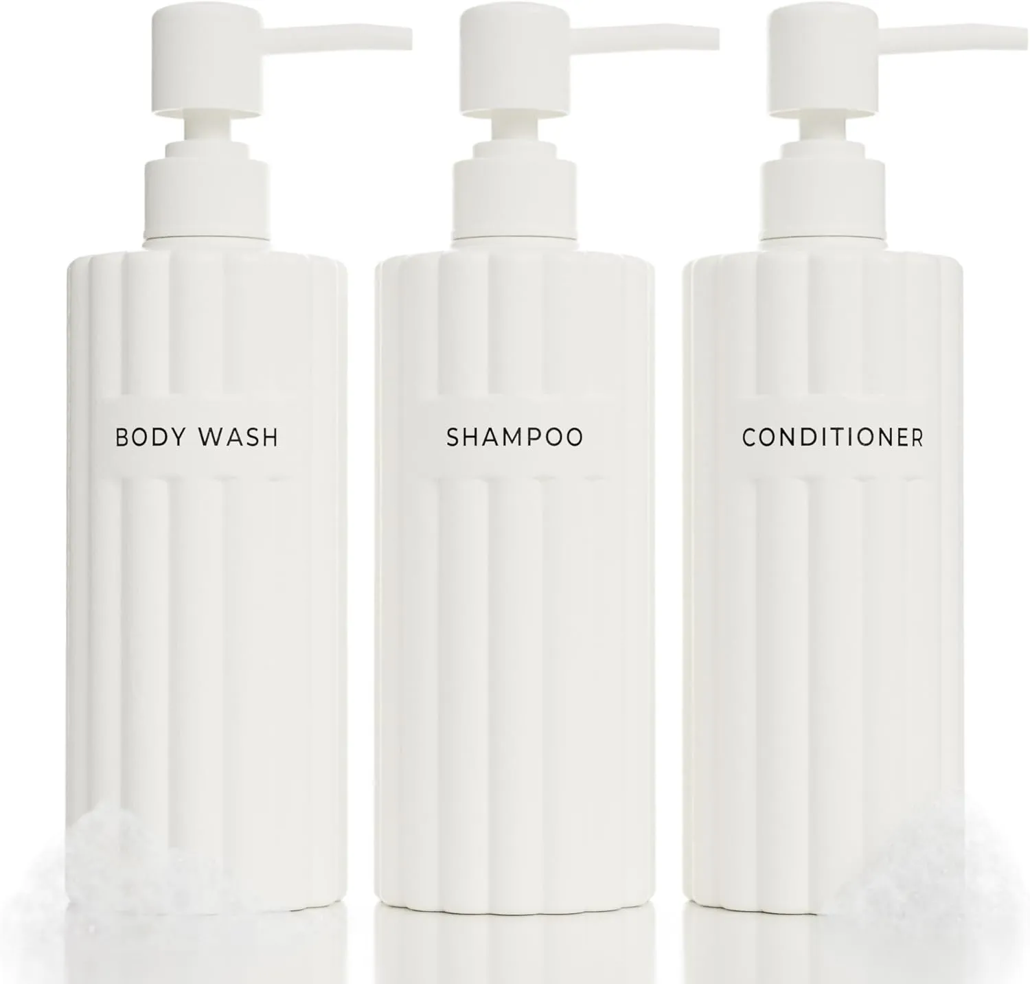 Stylish Shampoo and Conditioner Dispenser Set of 3 - Modern 19oz Shower Soap Bottles with Pump and Labels - Easy to Refill Body Wash Dispensers for an Instant Bathroom Decor Upgrade