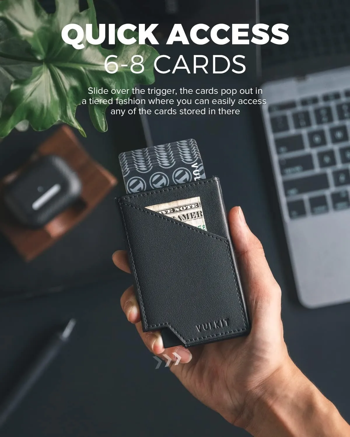 VULKIT Pop up Card Wallet RFID Blocking Slim Aluminum Metal Bank Card Holder Case with Business Money Pocket for Credit Cards Notes and Coins (Black)