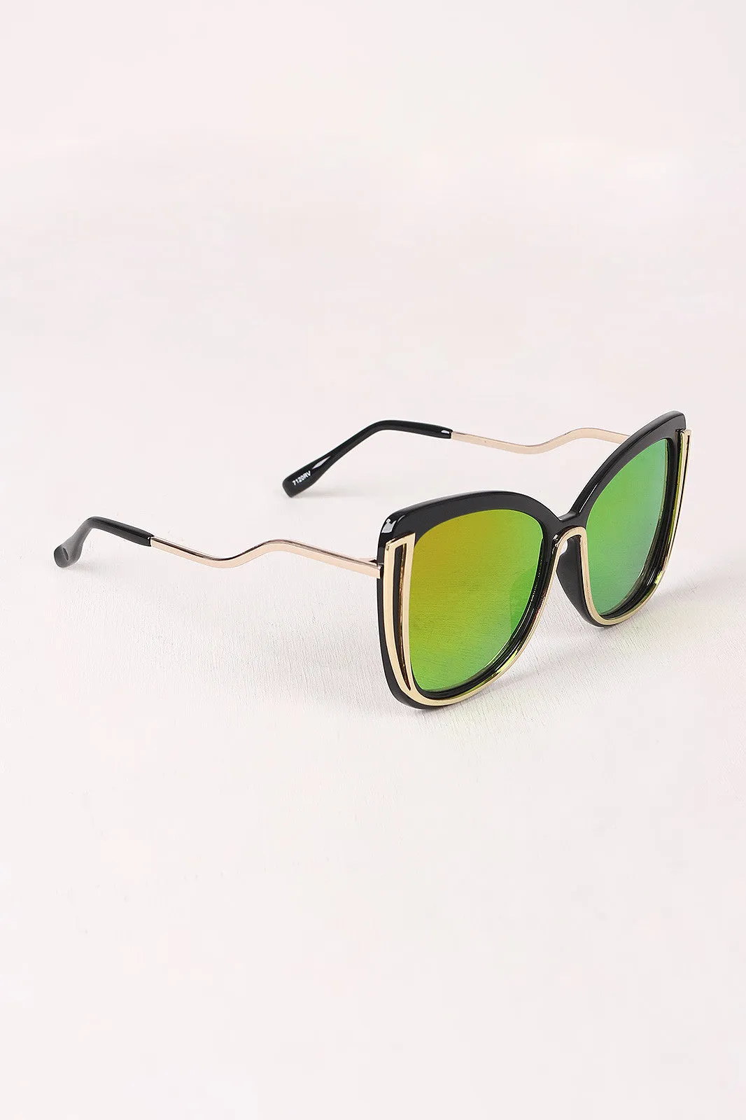 Wavy Arms Metallic Accent Mirrored Butterfly Sunglasses