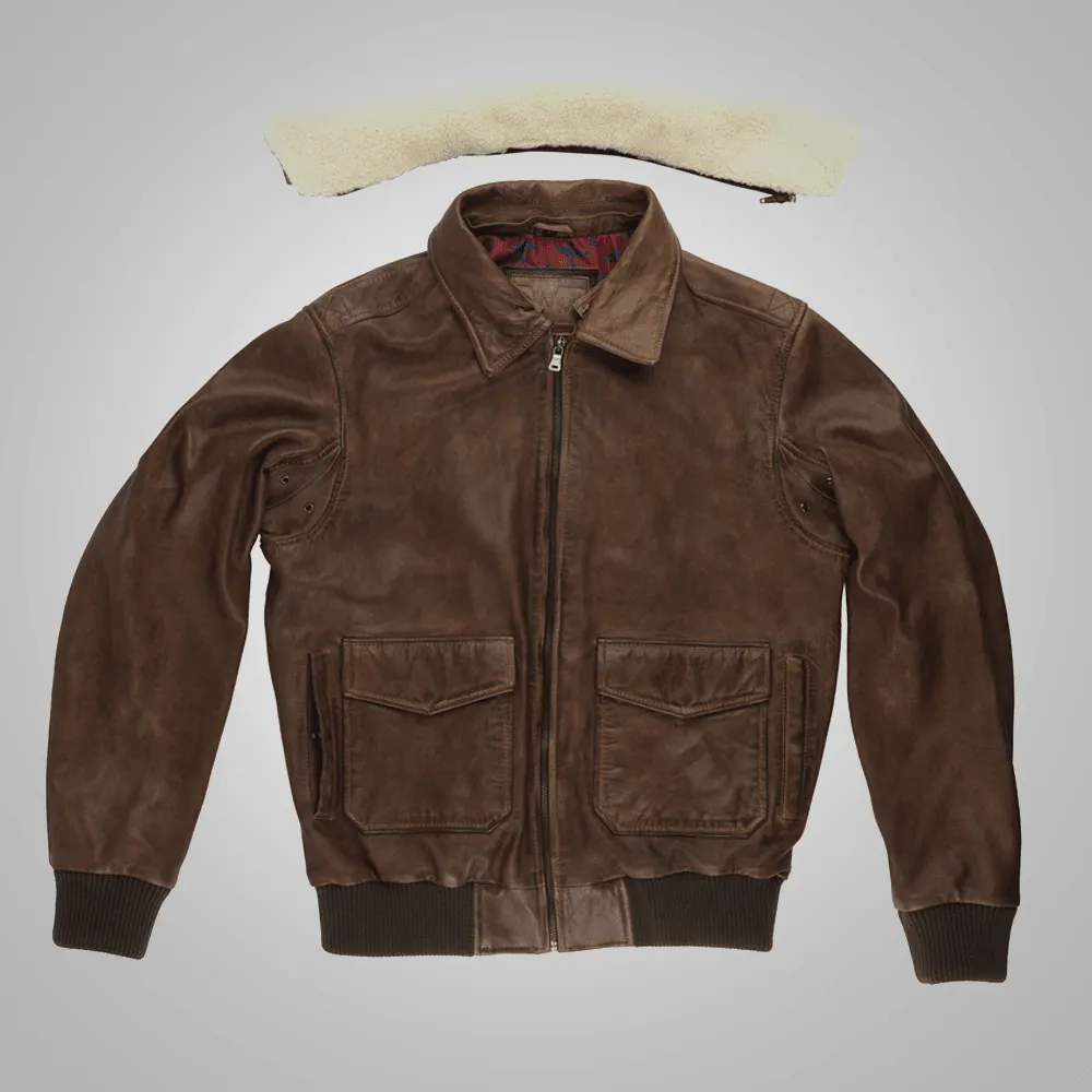 Waxed Brown Sheepskin Aviator Leather Flight Jacket For Men
