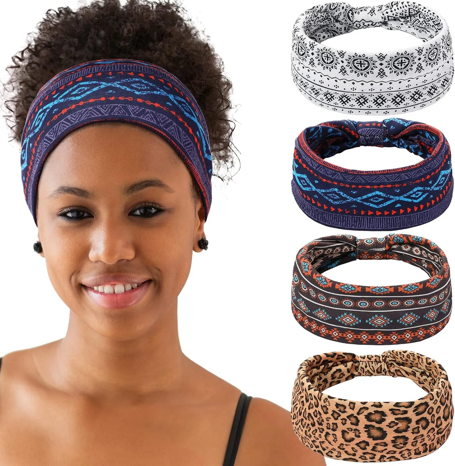 WILLBOND 4 Pieces African Headbands Knotted Wide Yoga Stretchy Bandeau African Headwrap Hair Accessories for Women and Girls