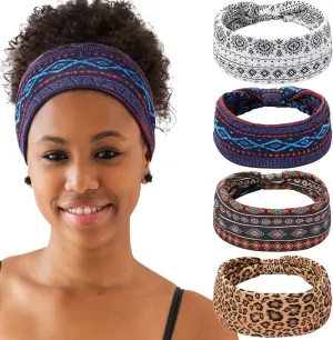 WILLBOND 4 Pieces African Headbands Knotted Wide Yoga Stretchy Bandeau African Headwrap Hair Accessories for Women and Girls