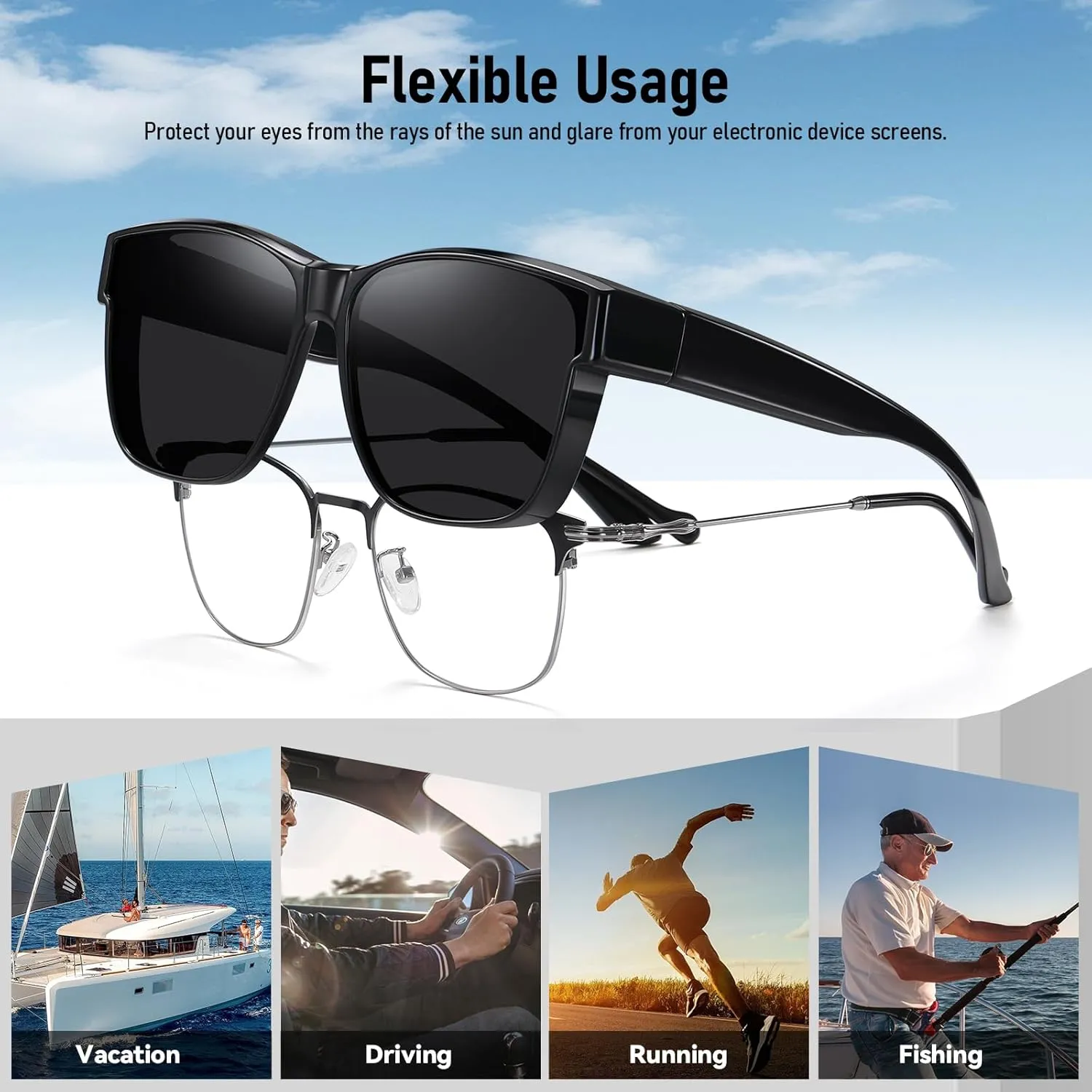 Wzerry Polarized Fit Over Glasses Sunglasses, Wear Over Sunglasses Wrap Around Shades for Men Women UV400 Pretection